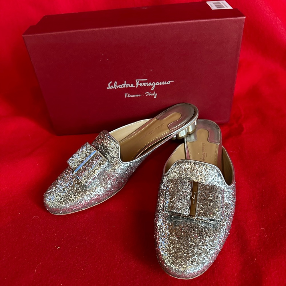 Salvatore Ferragamo silver glitter mules (slides).  Size 10